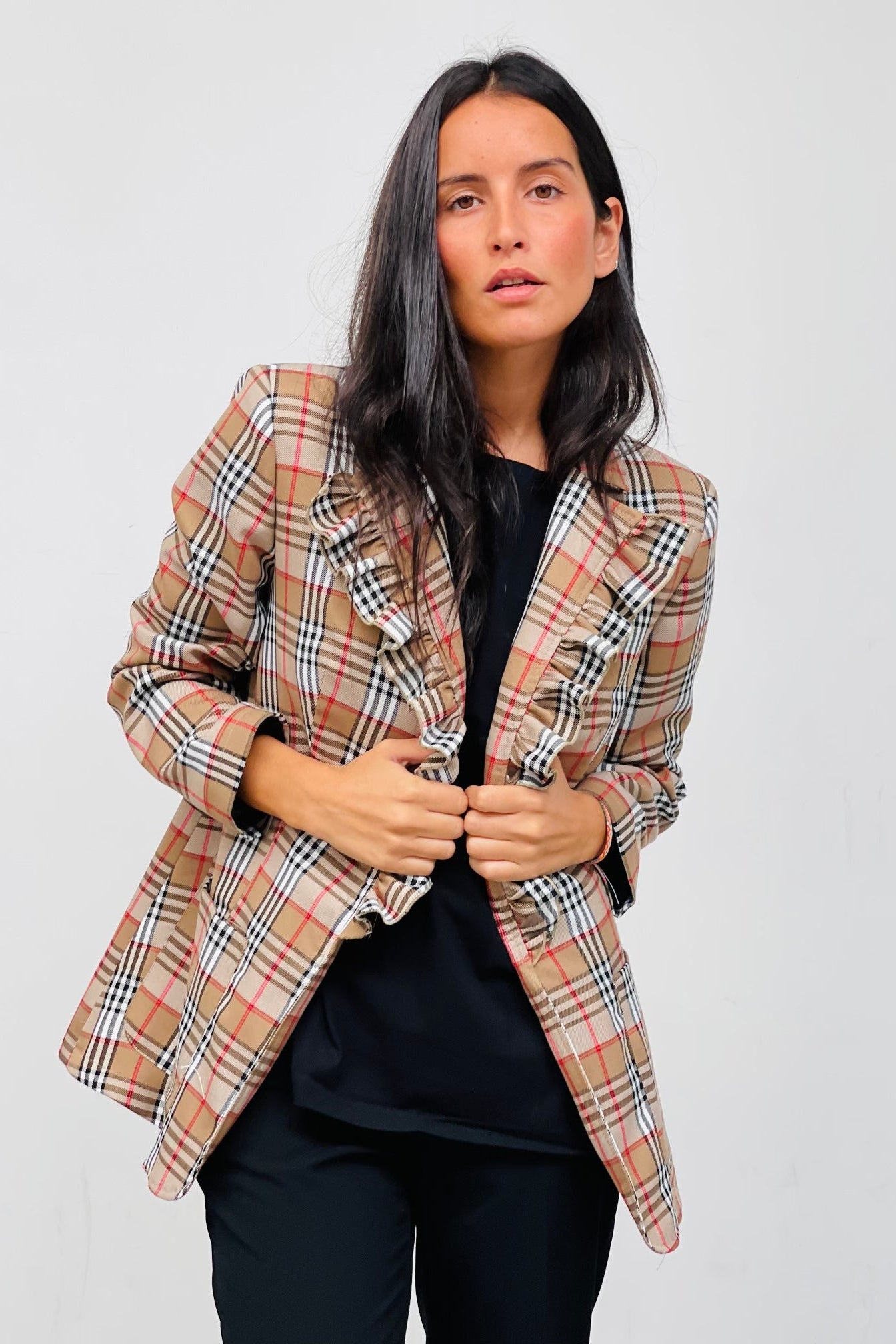 Blazer Beige Blazer à Carreaux Blazer à Fermeture Croisée Beige