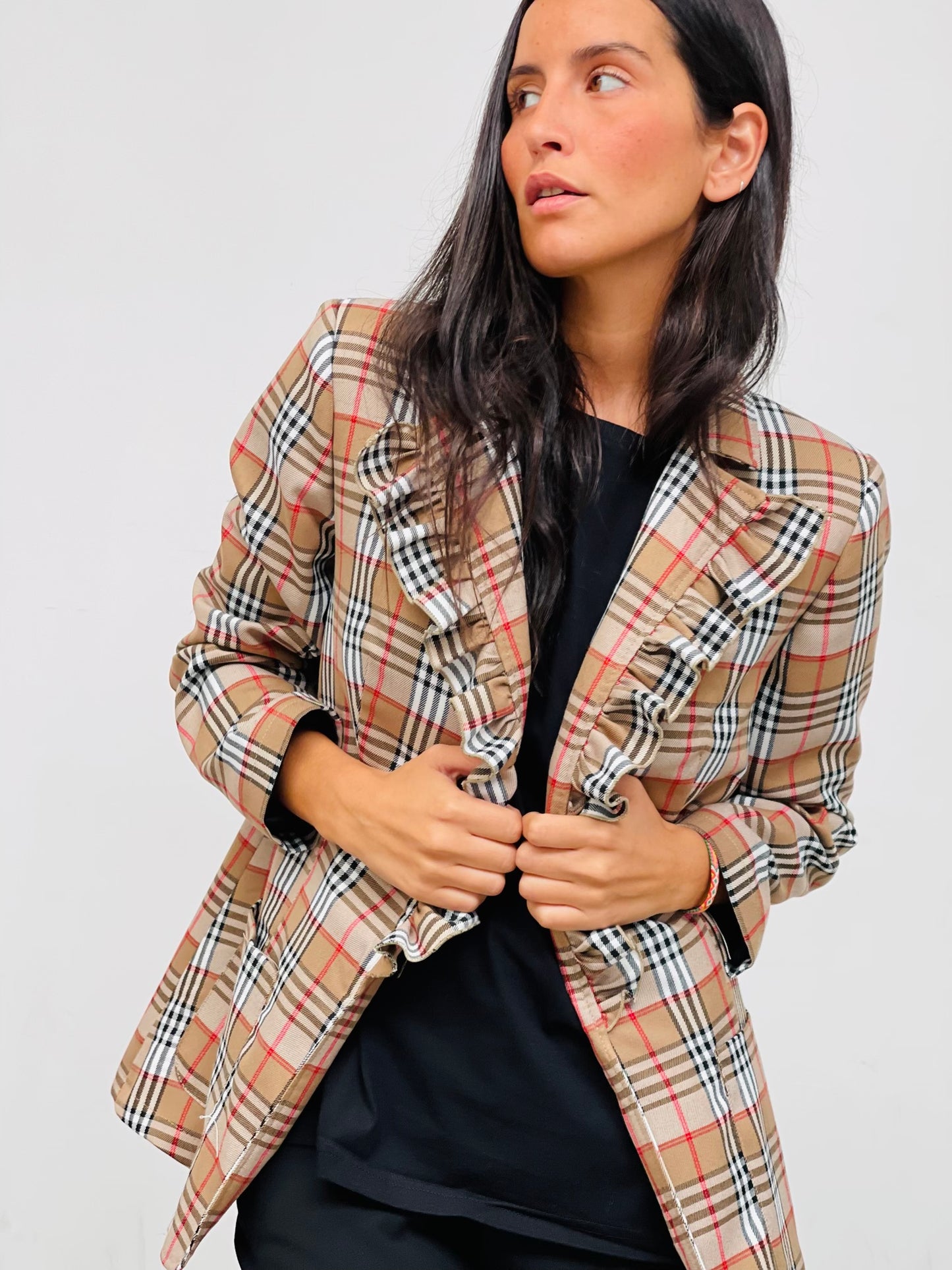 Blazer Volantes Cuadros Beige