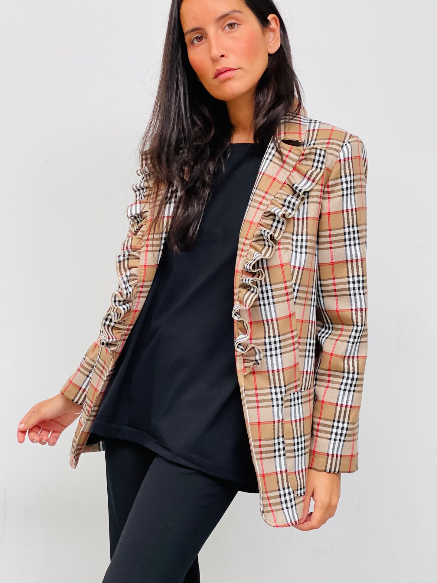 Blazer Volantes Cuadros Beige