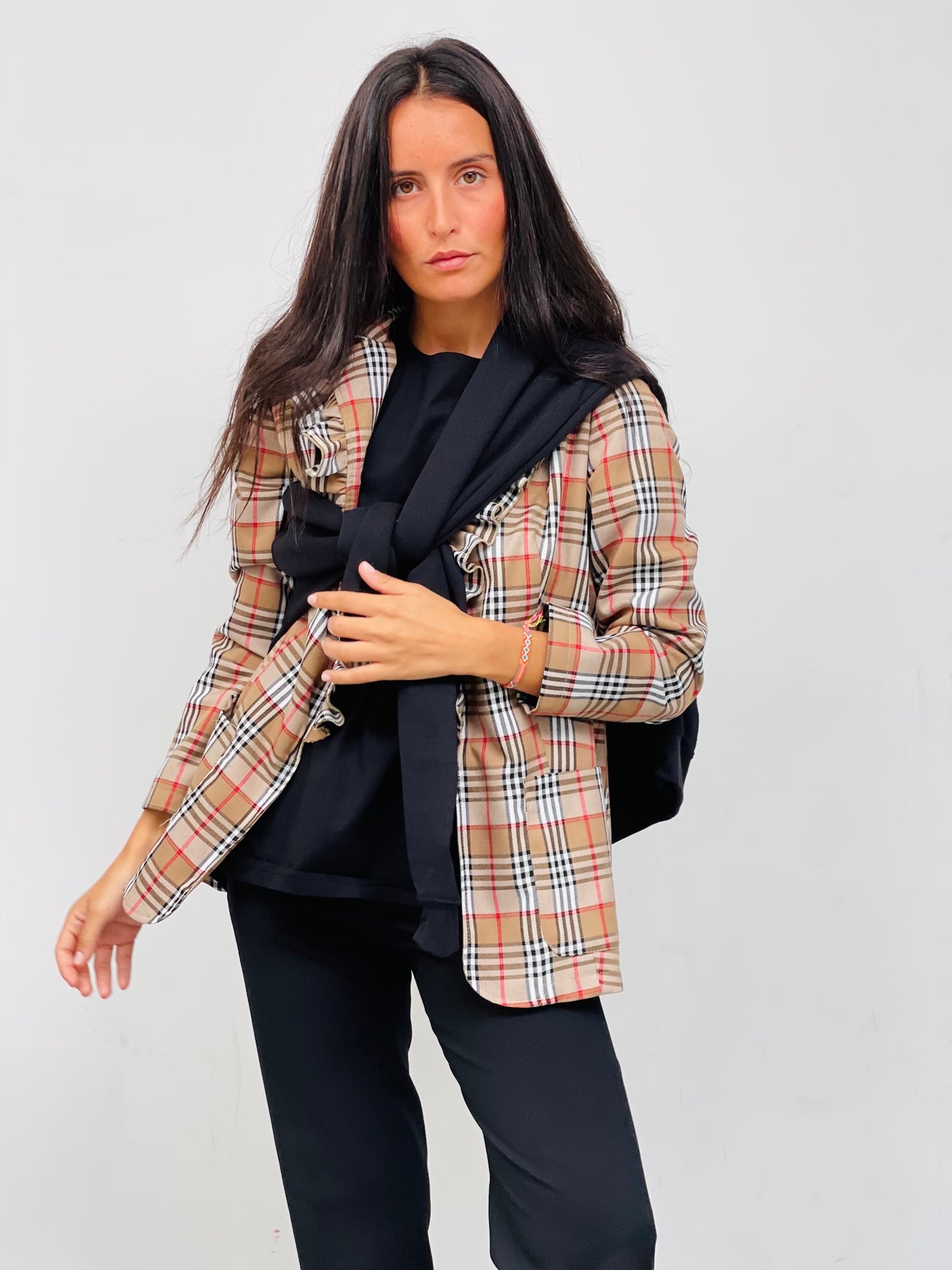 Blazer Volantes Cuadros Beige
