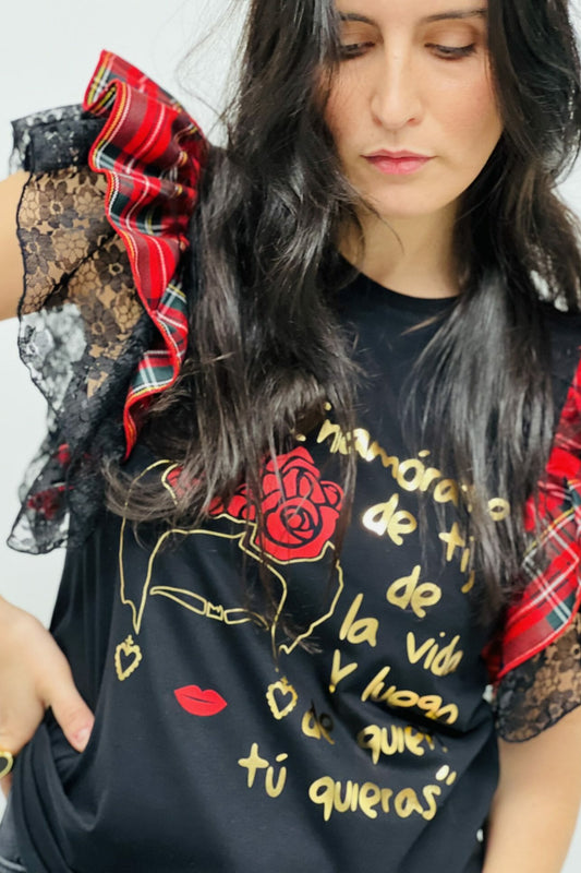 CAMI VOLANTES ESCOCES ROJO ENCAJE ENAMORATE