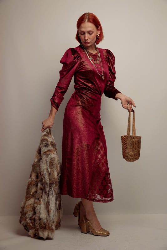 Falda Combinada Terciopelo Granate