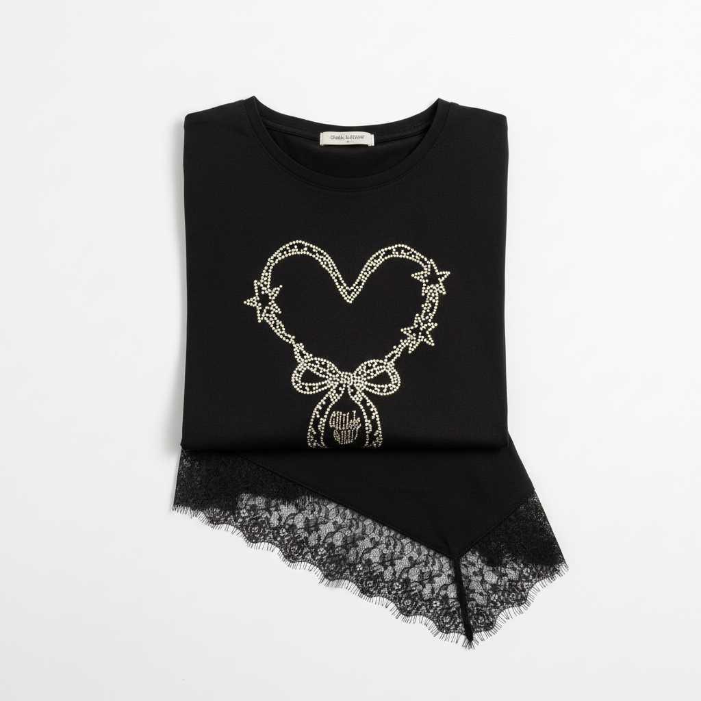 T-shirt dentelle cœur strass