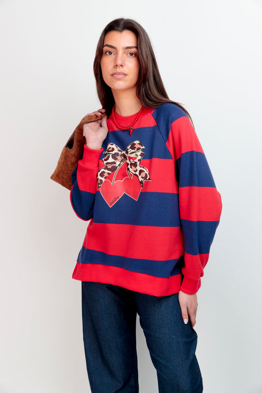 Navy Striped Sweatshirt with Cherry Bow