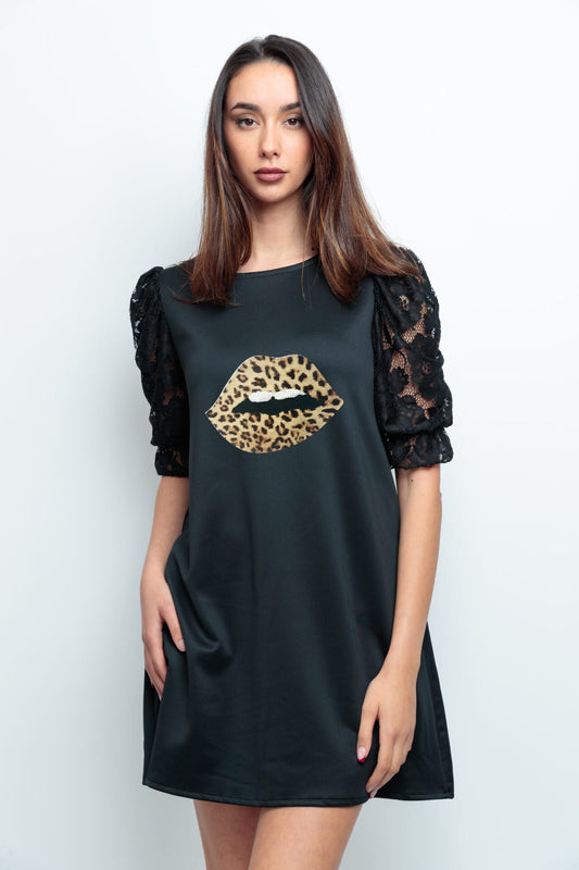 VESTIDO ABULLONADO ENCAJE BOCA LEOPARD