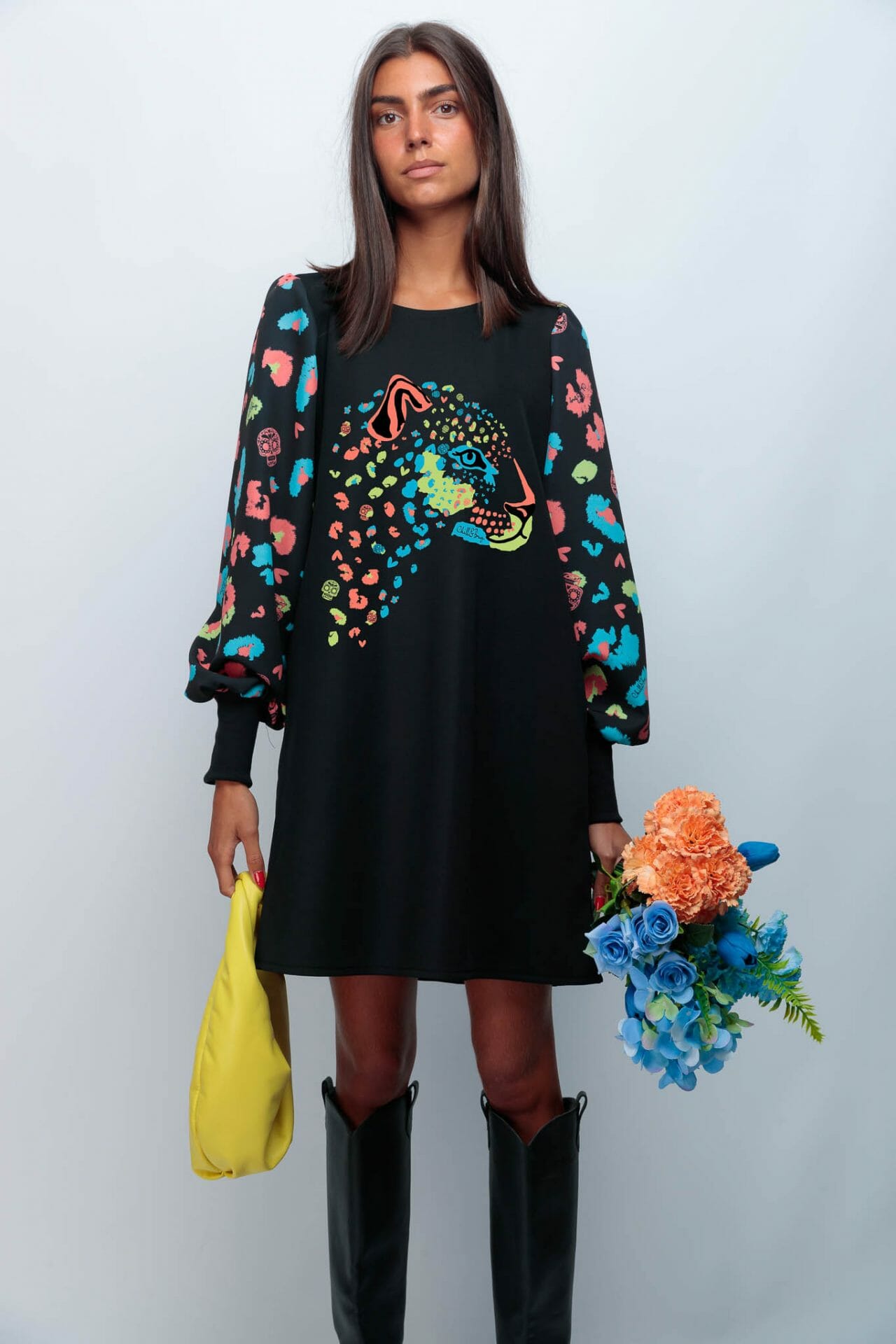 VESTIDO ABULLONADO ESTAMPADO PRINT SKULL SKULL TIGER