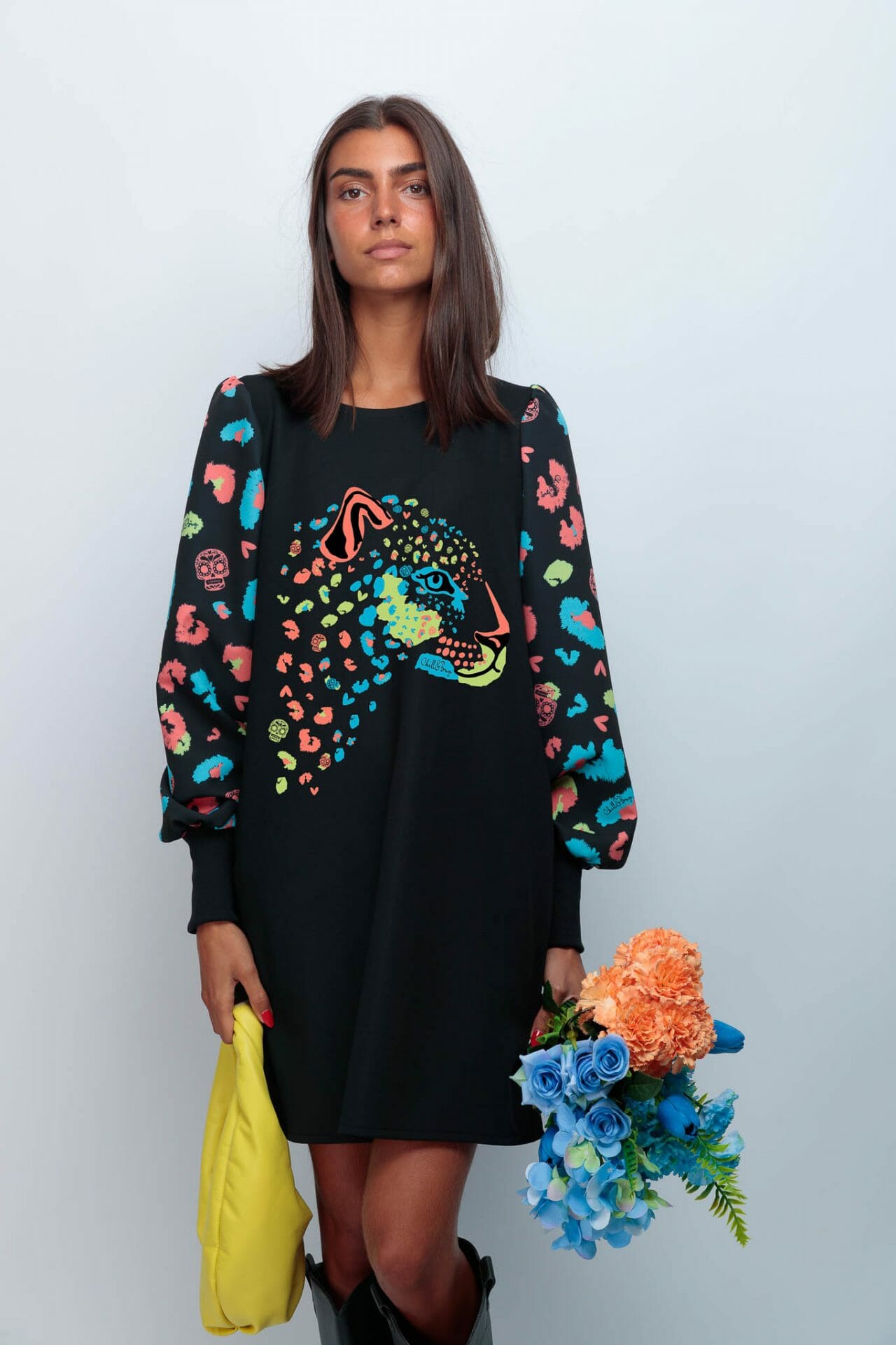VESTIDO ABULLONADO ESTAMPADO PRINT SKULL SKULL TIGER