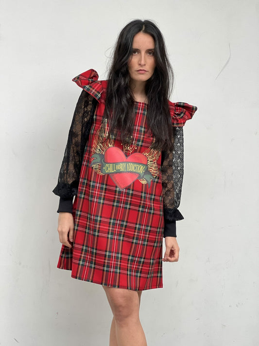 VESTIDO MANGA ABULLONADA ENCAJE MINI VOLANTE CORAZON ALAS ROJO