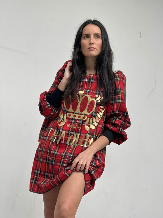 VESTIDO MANGA MIA ESCOCES ROJO QUEEN DORADO