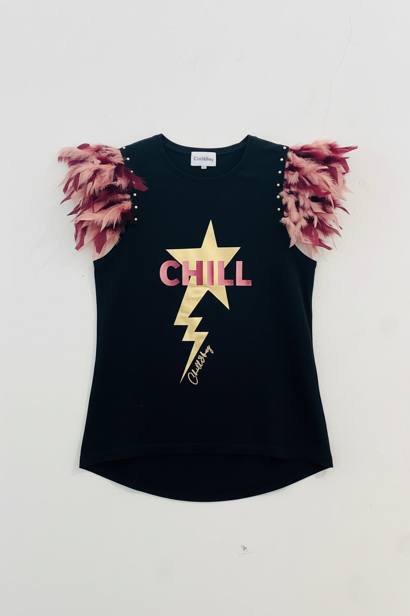 Chill Lightning Bolt Feather Studded T-Shirt