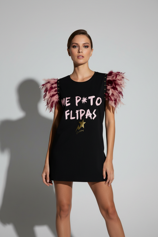 Vestido Plumas Tachas Flipas