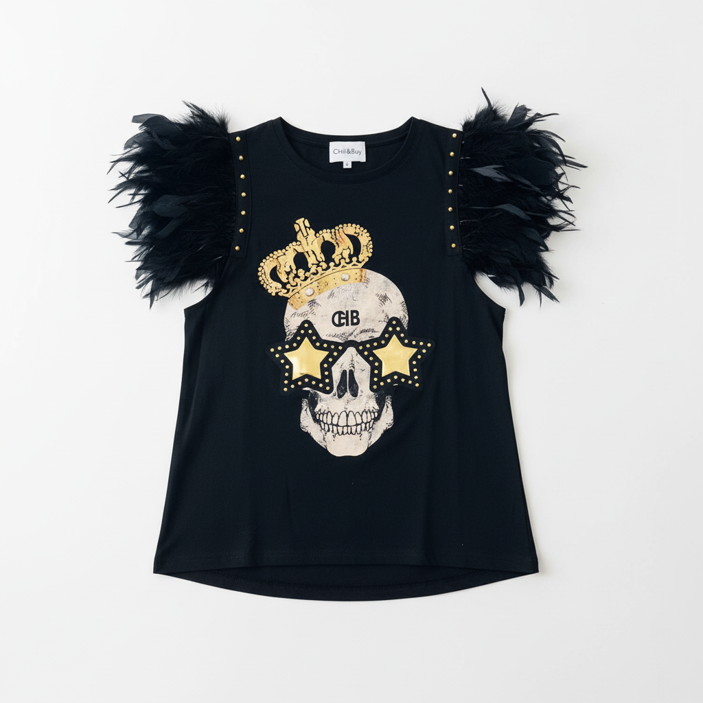 Camiseta Plumas Tachas Skull Festival