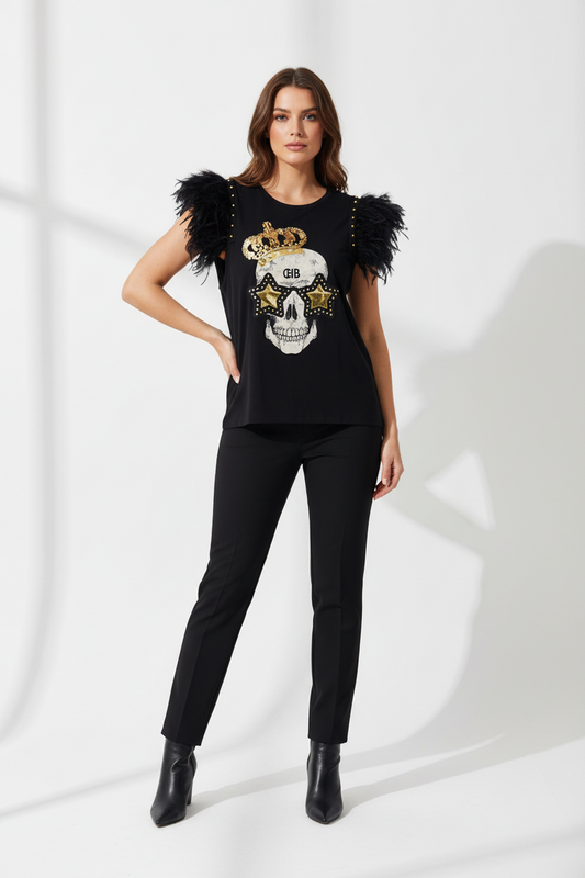 Camiseta Plumas Tachas Skull Festival