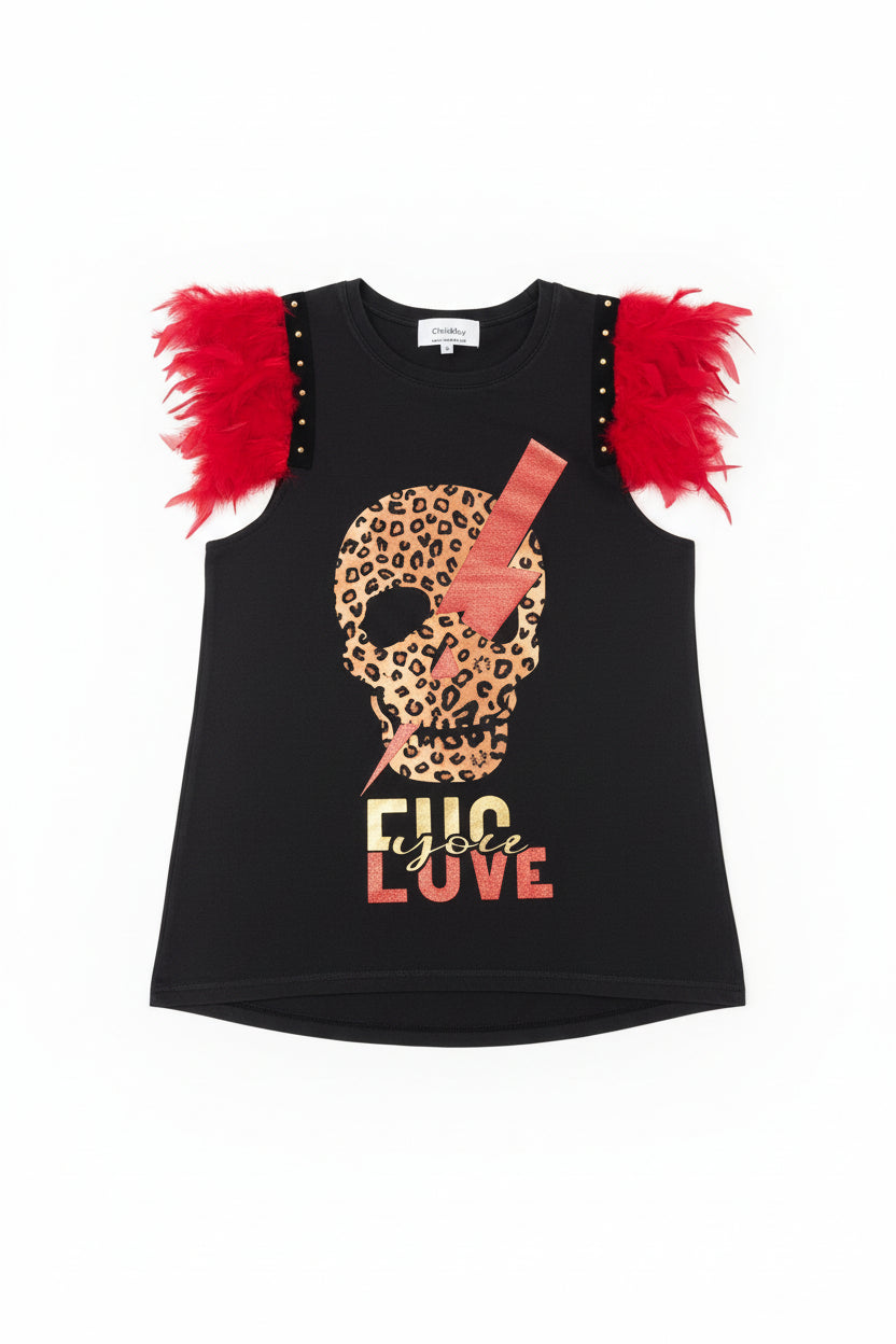 T-shirt Plumes Clous Crâne Éclair