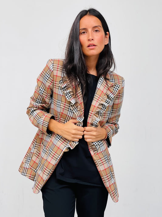 Beige Checkered Ruffle Blazer