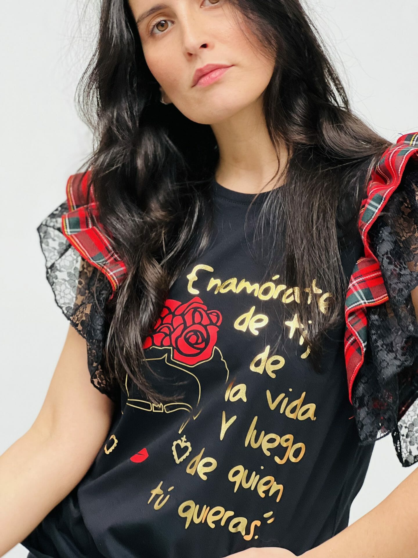 CAMI VOLANTES ESCOCES ROJO ENCAJE ENAMORATE