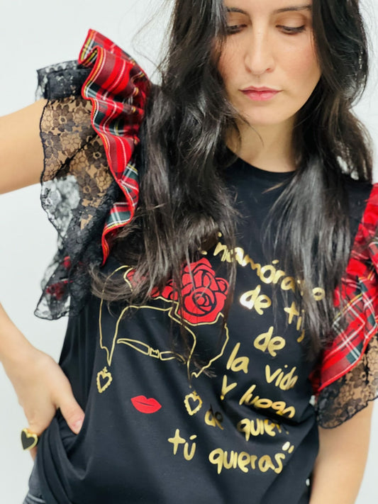CAMI VOLANTES ESCOCES ROJO ENCAJE ENAMORATE