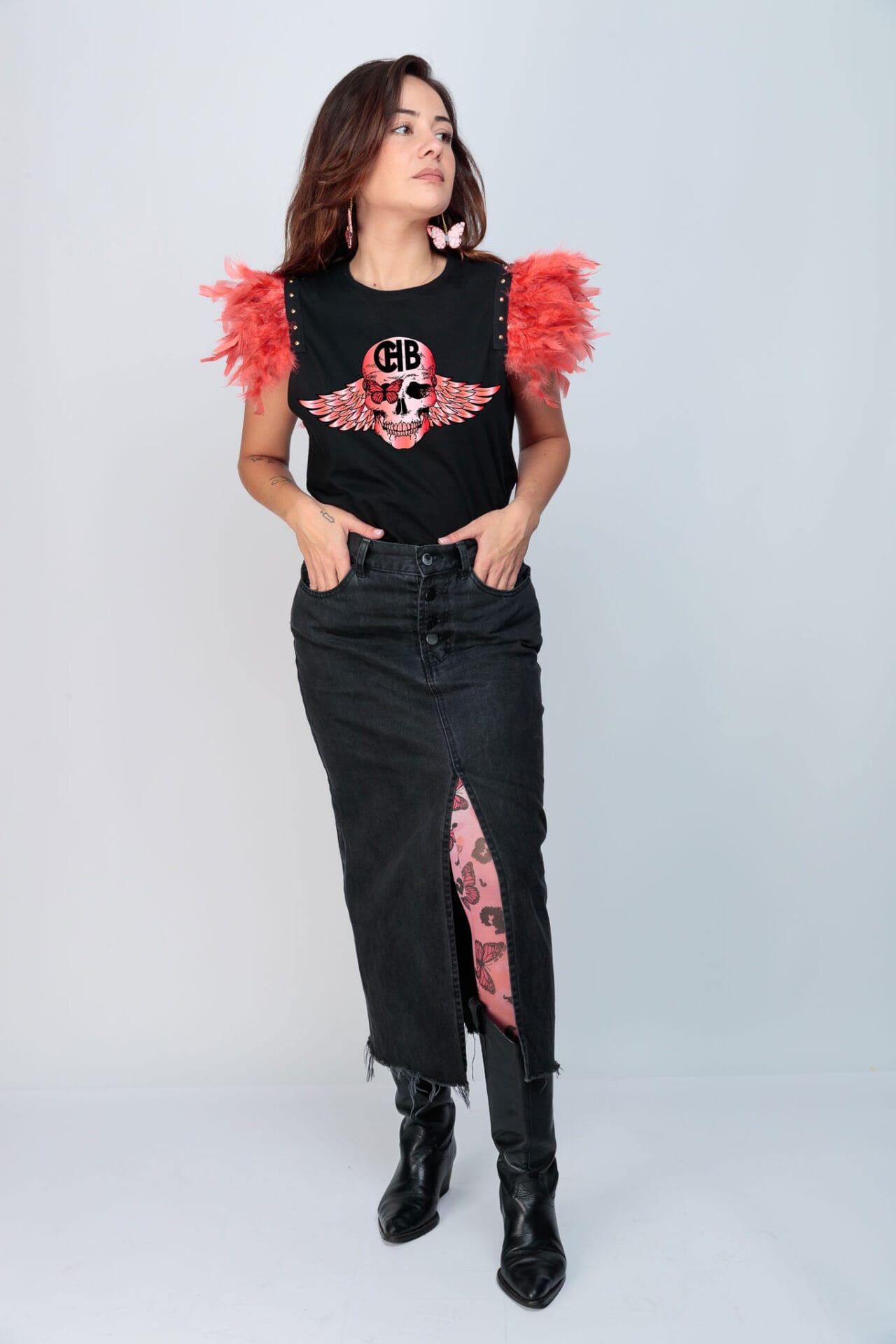 CAMI PLUMAS SKULL TIE
