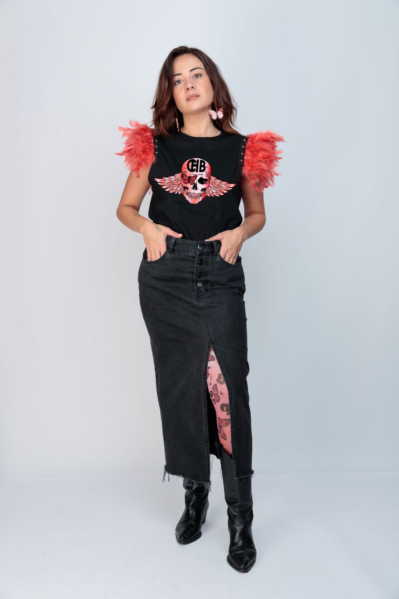 CAMI PLUMAS SKULL TIE