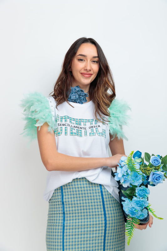 CAMI PLUMAS TACHAS AUTENTICA VICHY AZUL