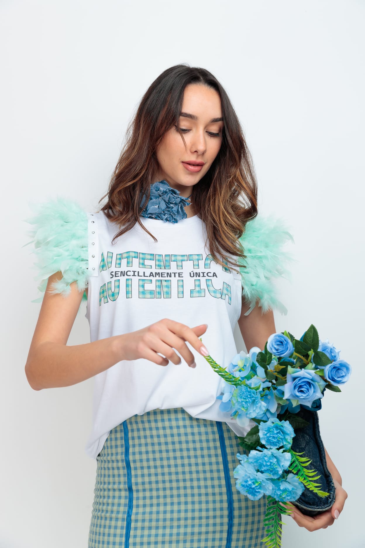 CAMI PLUMAS TACHAS AUTENTICA VICHY AZUL