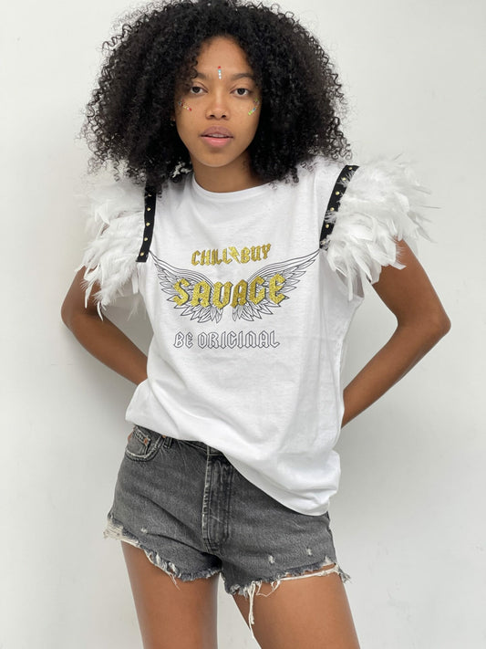 CAMI PLUMAS TACHAS SAVADE DORADO
