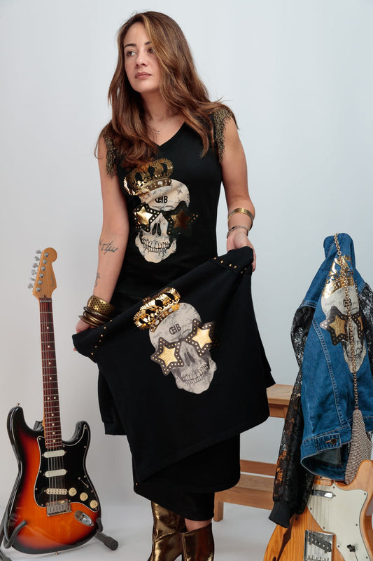 CAMISETA PICO FLECOSTACHAS DORADAS SKULL FESTIVAL