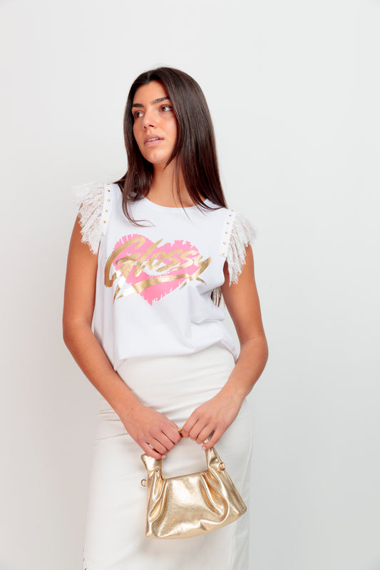 T-shirt dentelle doré brillant