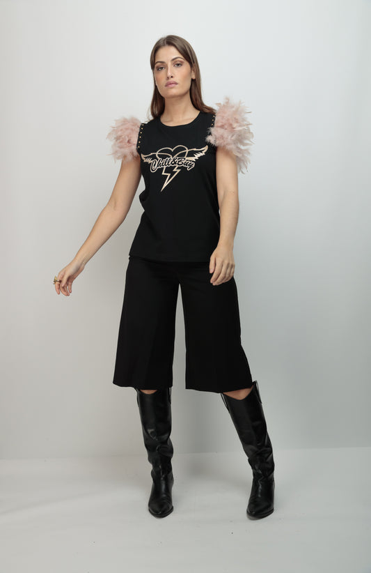 Camiseta Plumas Tachas Heart Beige