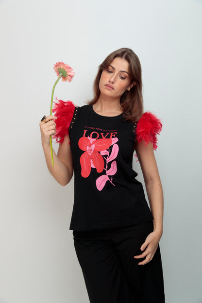 Camiseta Plumas Tachas Flor Love