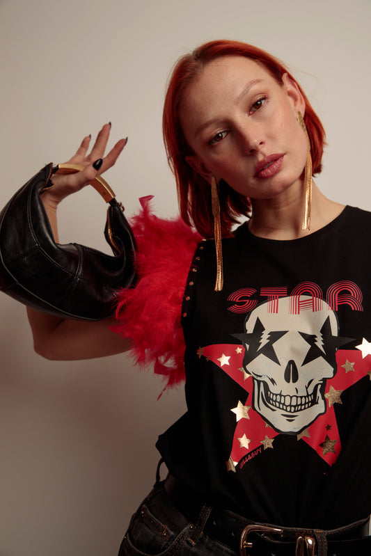 Camiseta Plumas Tachas Skull Fiesta