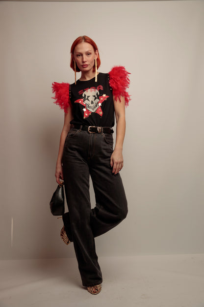 Camiseta Plumas Tachas Skull Fiesta