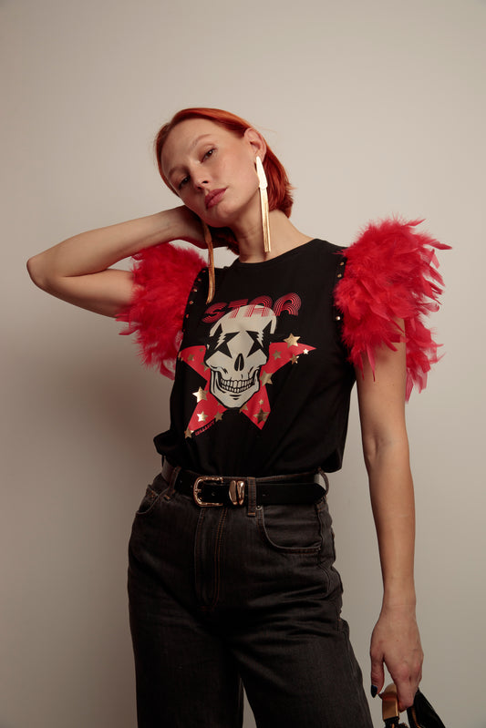 Camiseta Plumas Tachas Skull Fiesta