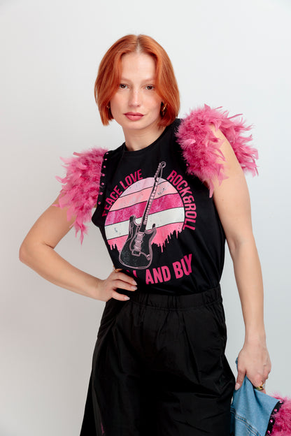 Camiseta Plumas Tachas Guitarra Peace