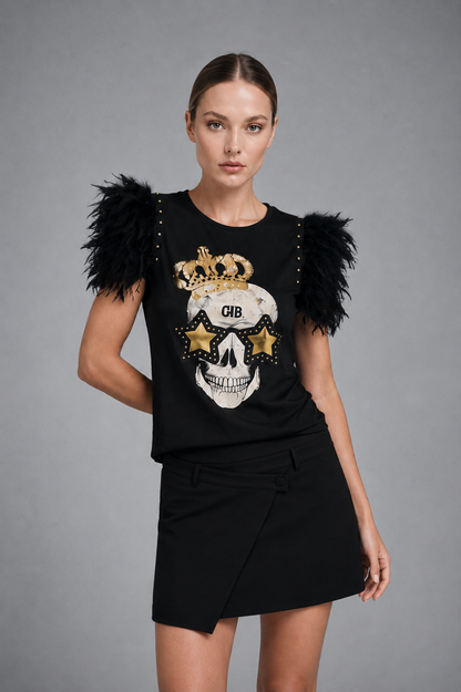 T-shirt Plumes Clous Tête de mort Festival