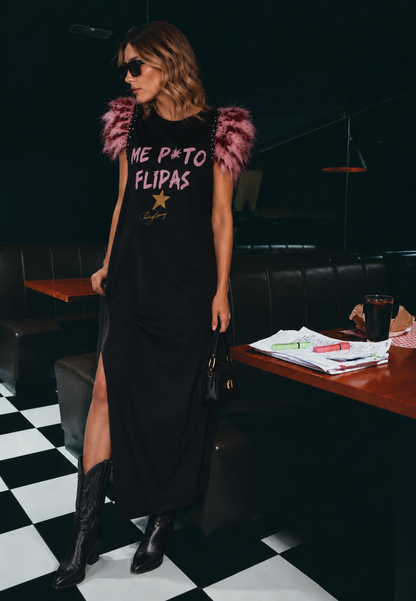 Vestido Largo Plumas Flipas