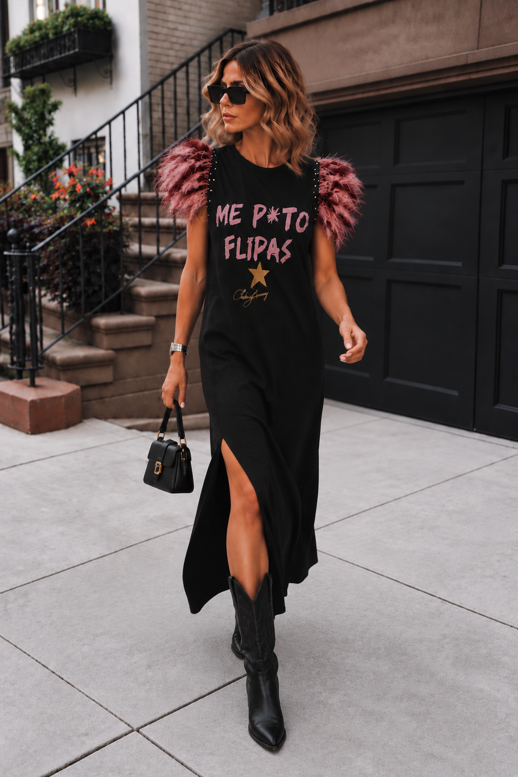 Vestido Largo Plumas Flipas