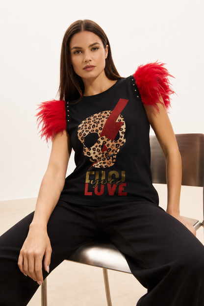 Camiseta Plumas Tachas Skull Rayo