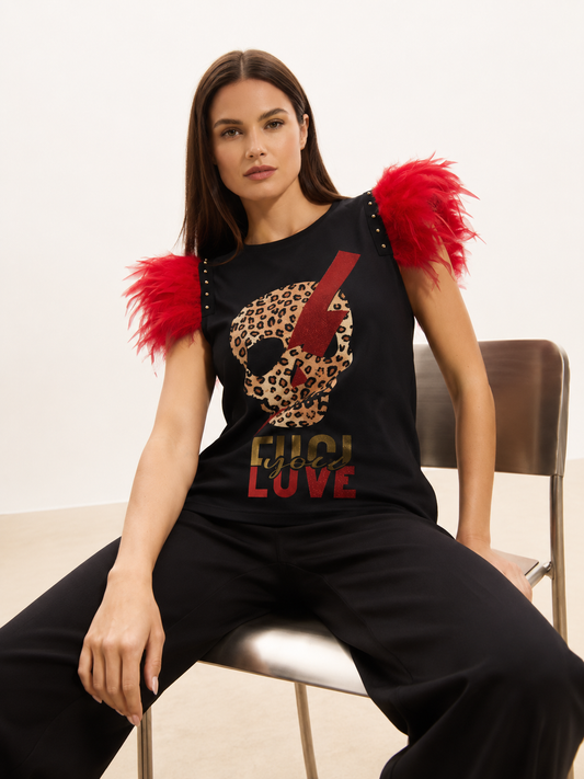 T-shirt Feathers Studs Skull Lightning Bolt