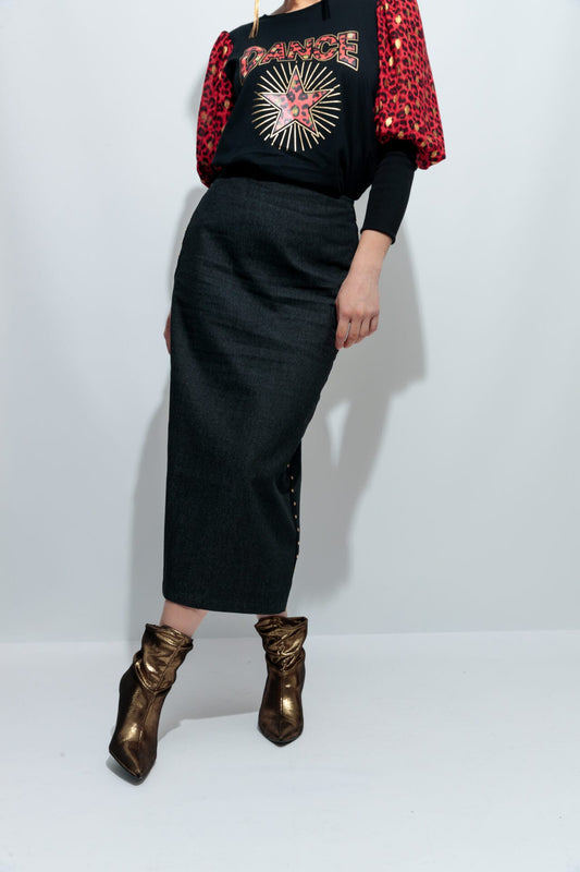 FALDA DENIM TACHAS DORADAS