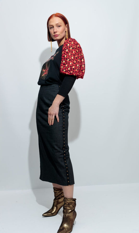 FALDA DENIM TACHAS DORADAS