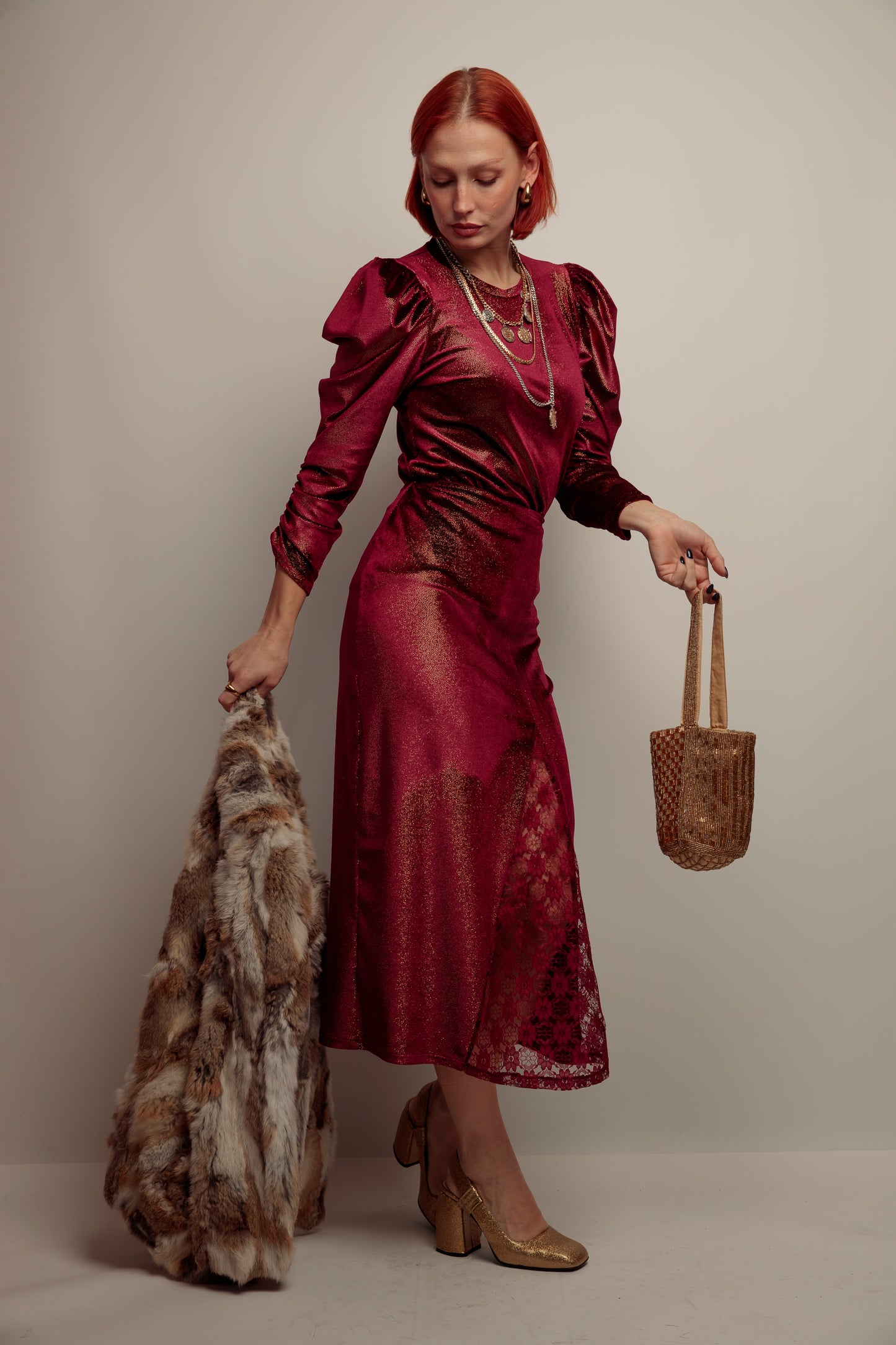 Falda Combinada Terciopelo Granate