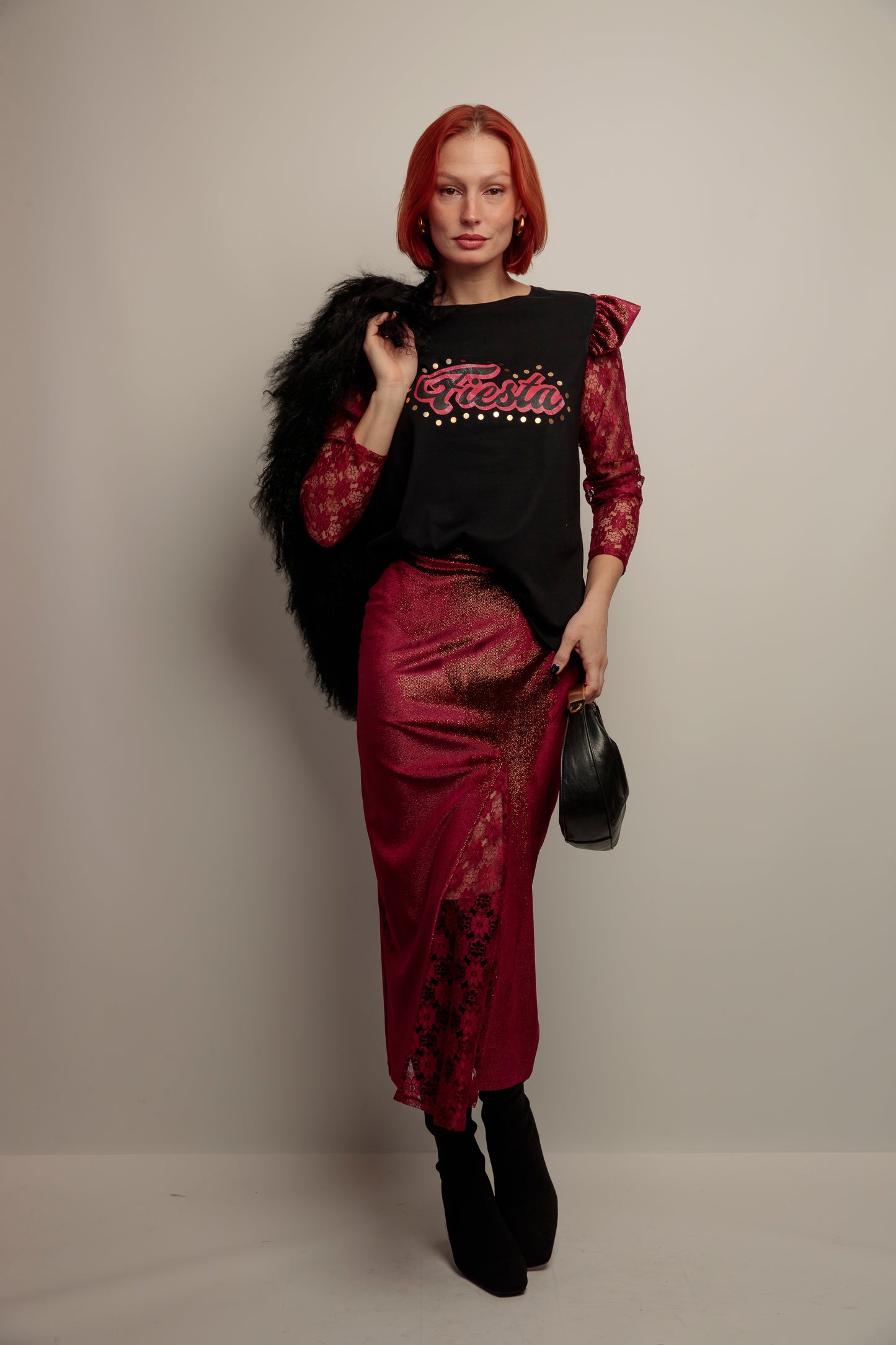 Falda Combinada Terciopelo Granate