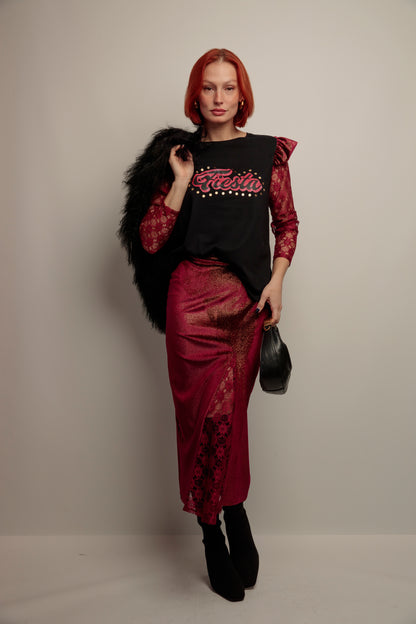 Falda Combinada Terciopelo Granate