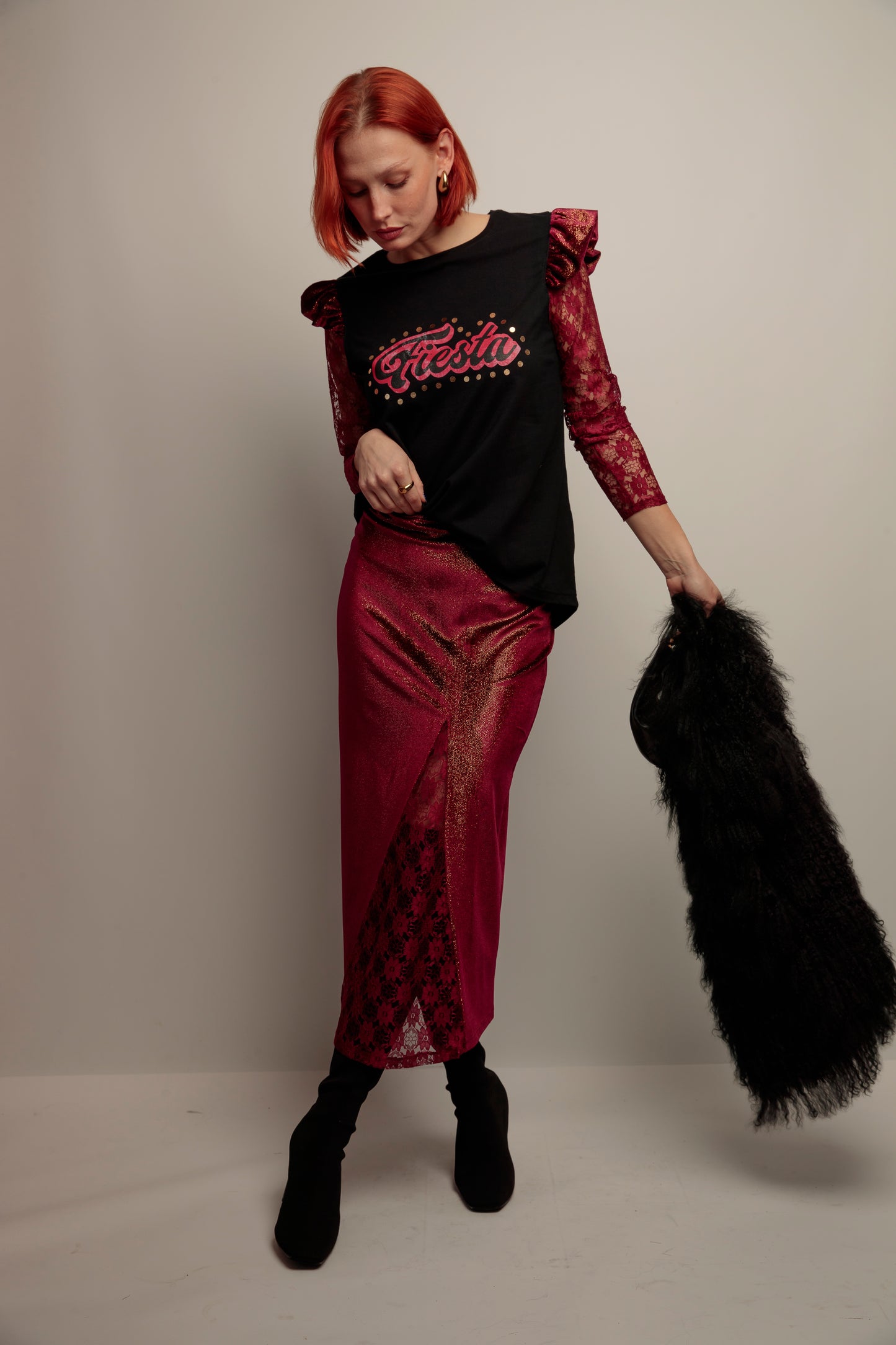 Falda Combinada Terciopelo Granate