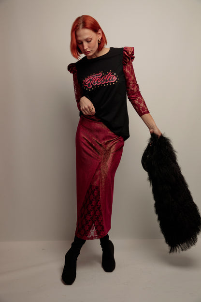 Falda Combinada Terciopelo Granate