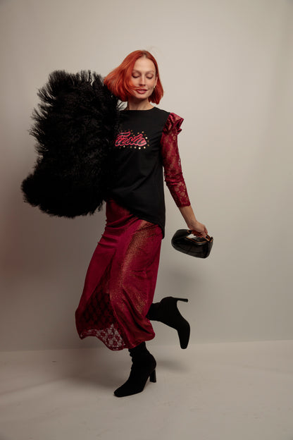 Falda Combinada Terciopelo Granate