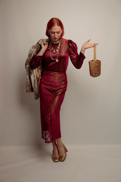 Falda Combinada Terciopelo Granate