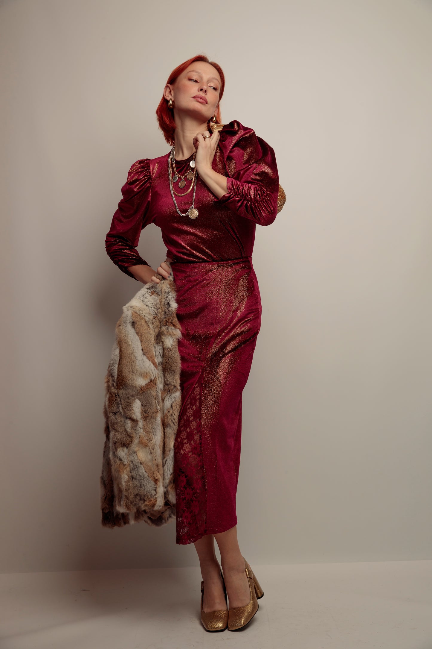 Falda Combinada Terciopelo Granate