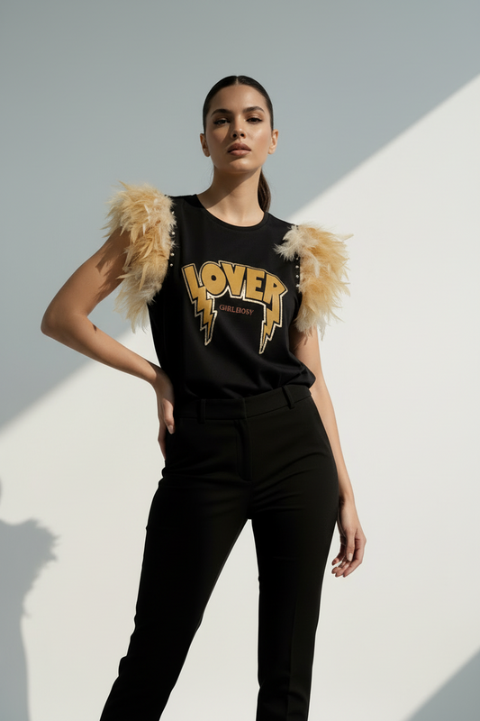 Camiseta Plumas Doradas Tachas Lover